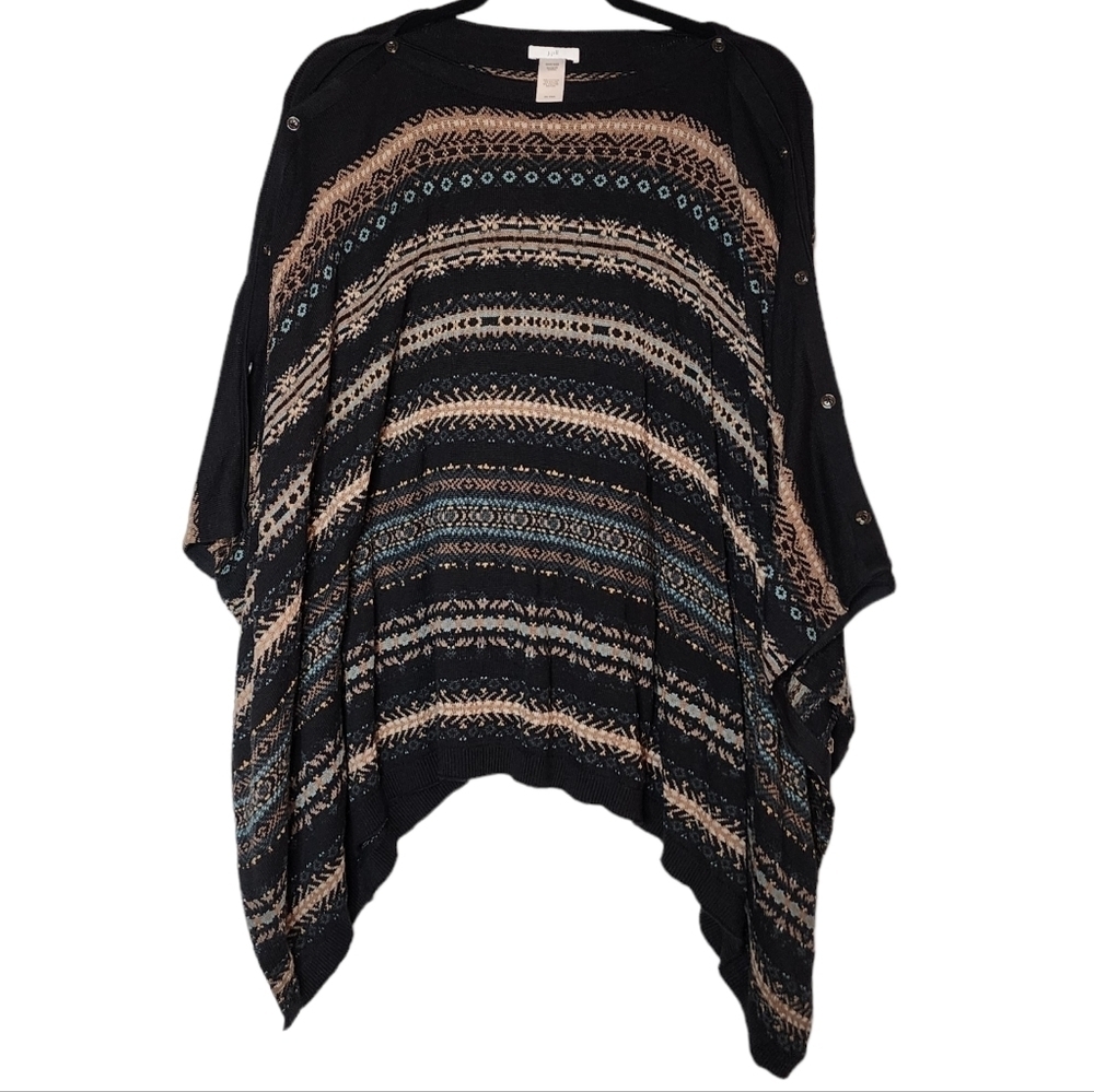 J. Jill‎ knit poncho sweater.  One size. Black, blue, tan fair isle print.